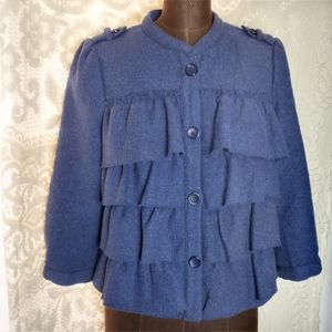 Blue Wool Blend Houndstooth Tiered Ruffle Coat Jacket Size L Flying Tomatoe